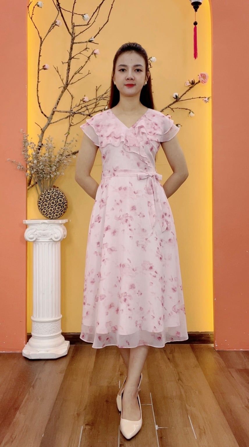 Đầm xòe - Cổ tim bèo tay sát nách thắt nơ eo - CD - Hồng hoa - TTV1942