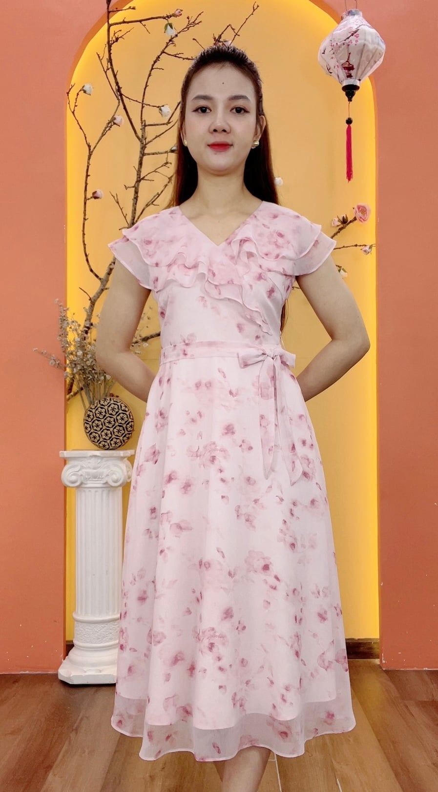 Đầm xòe - Cổ tim bèo tay sát nách thắt nơ eo - CD - Hồng hoa - TTV1942