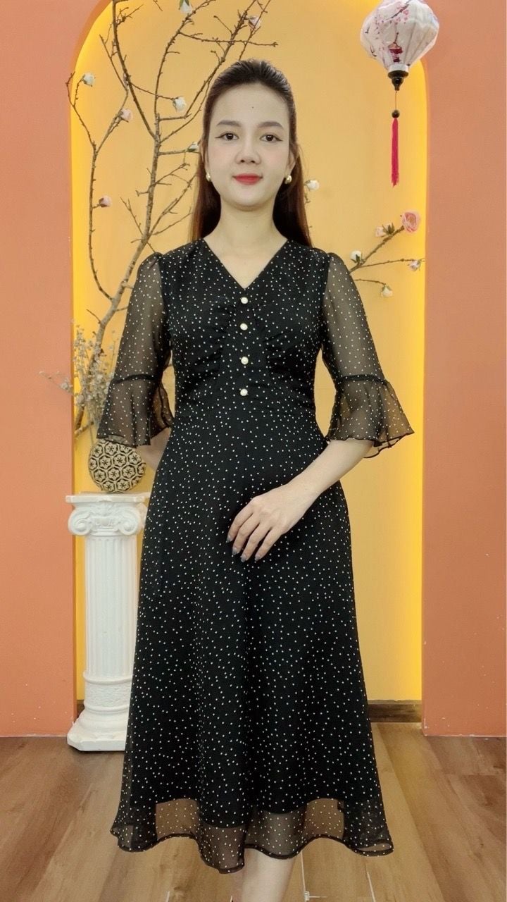 Đầm xòe - Cổ tim kết nút tay lỡ - CV - Đen chấm bi trắng - TTV1963