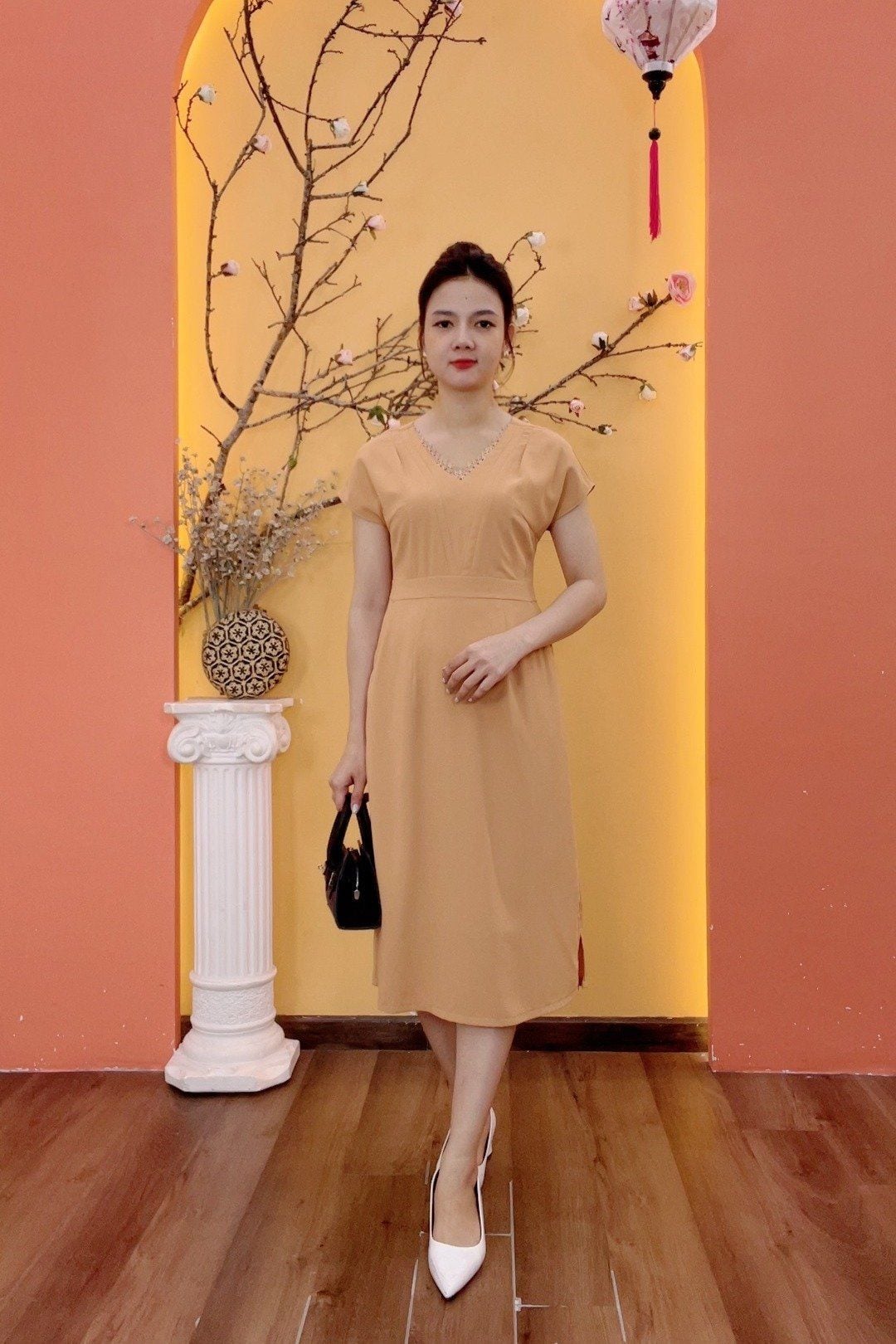 Đầm form A - Cổ tim phối ren tay cánh dơi - CV - Da - TTV1993