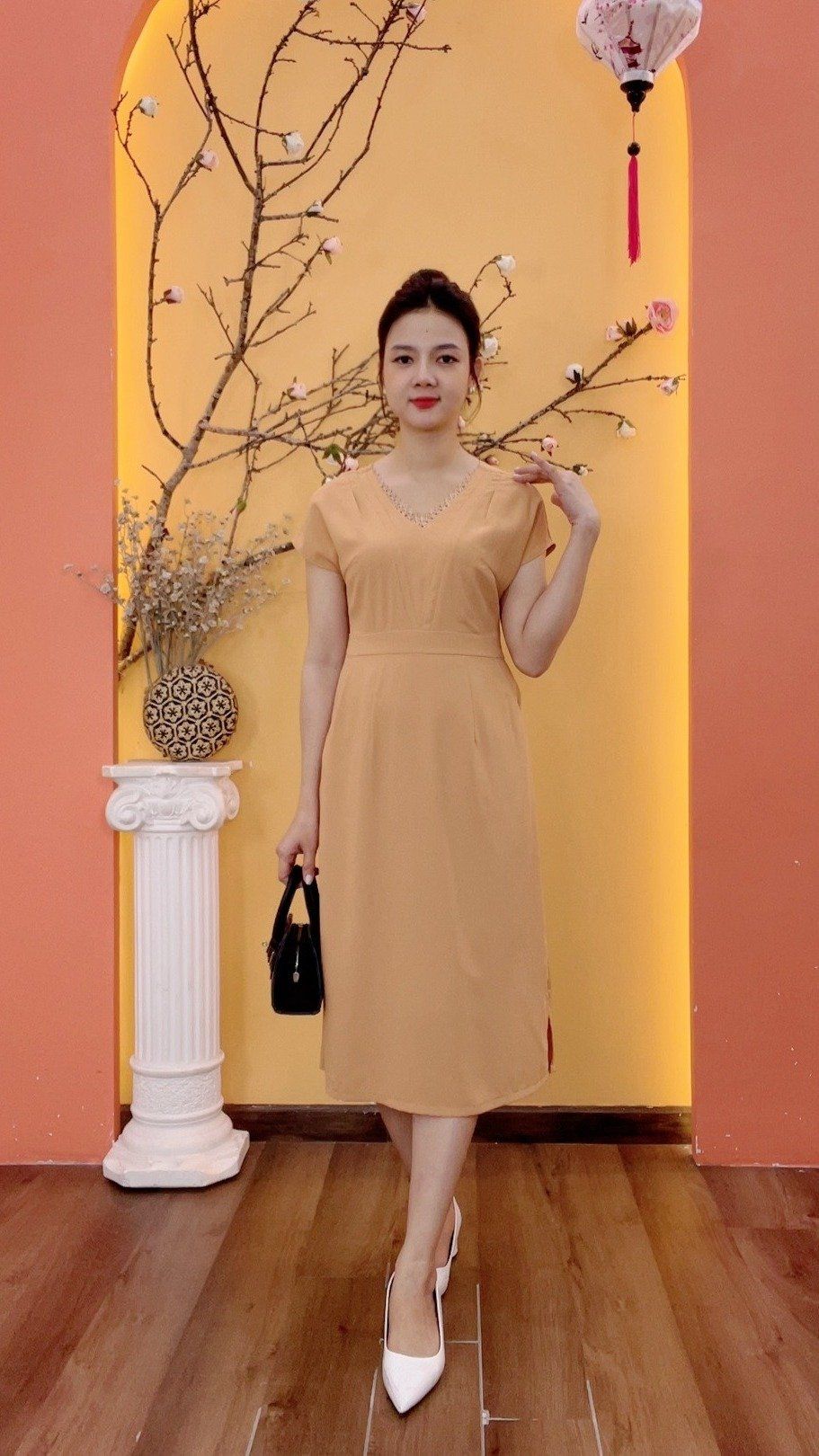 Đầm form A - Cổ tim phối ren tay cánh dơi - CV - Da - TTV1993