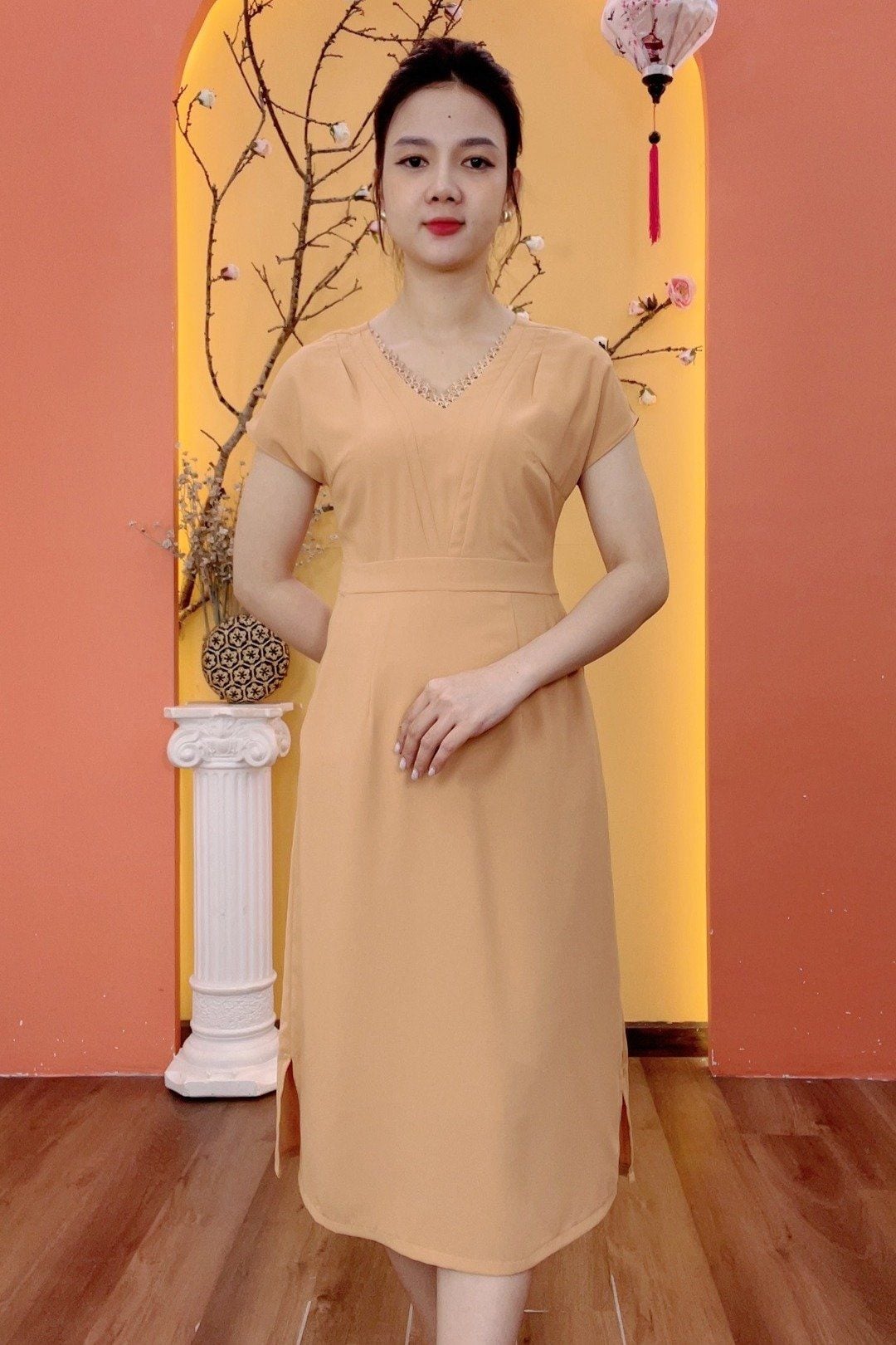 Đầm form A - Cổ tim phối ren tay cánh dơi - CV - Da - TTV1993