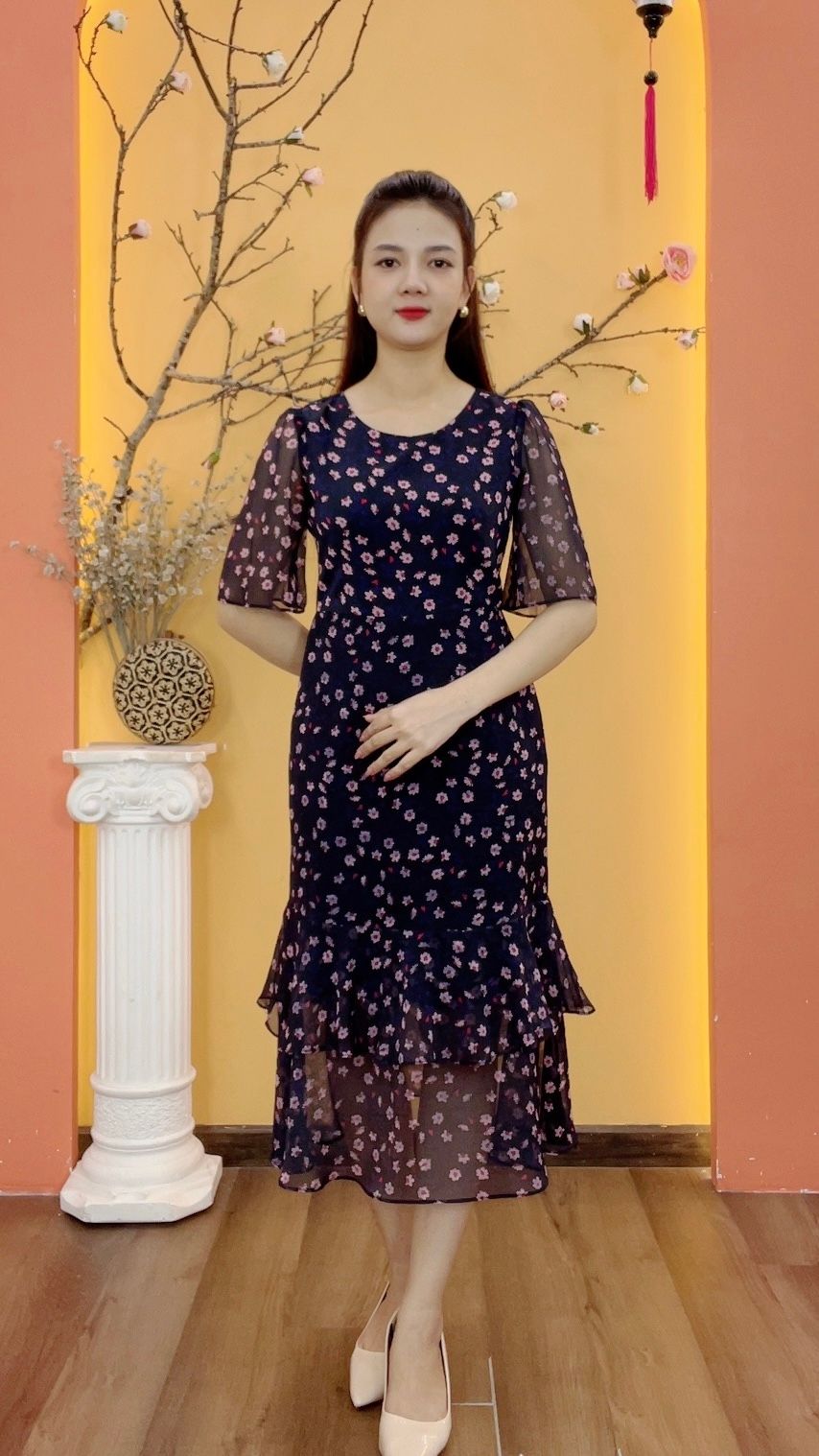Đầm form A đuôi cá - Cổ tròn tay lỡ - AH - Xanh đen hoa - TTV1950