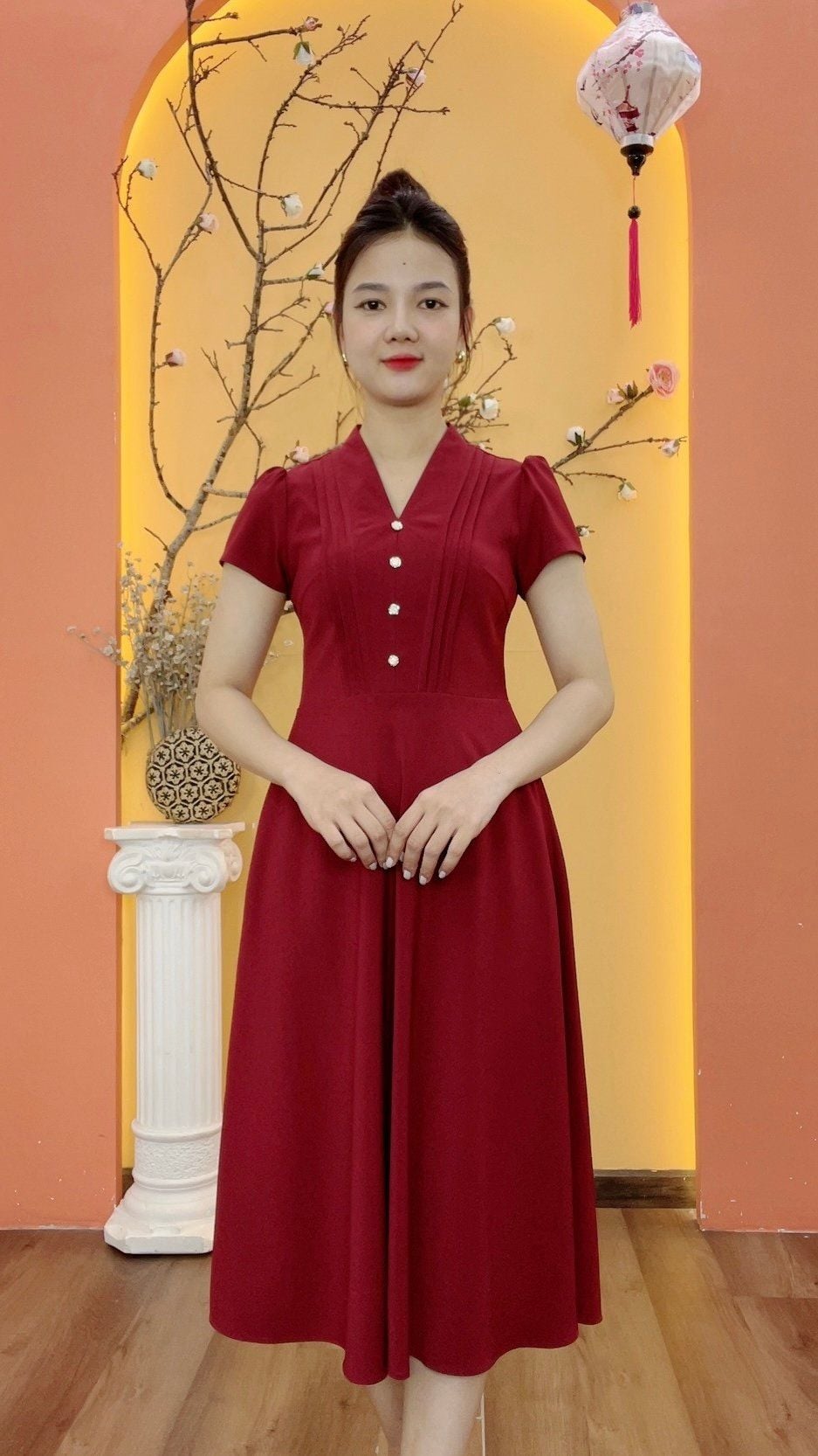 Đầm xòe - Cổ V kết nút tay ngắn - CD - Đỏ đô - TTV1979