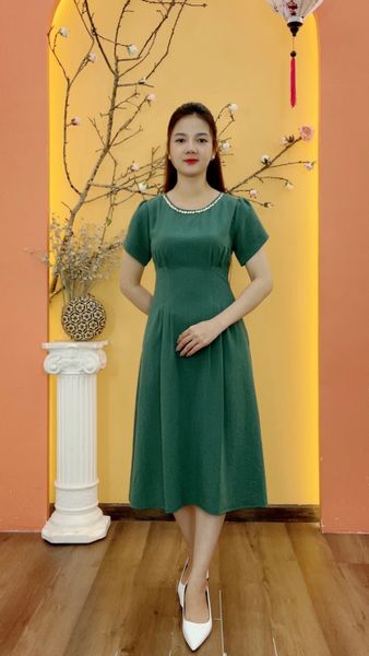 Đầm xòe - Cổ tròn đính cườm ngọc tay ngắn - CD - Xanh ngọc bích - TTV1977