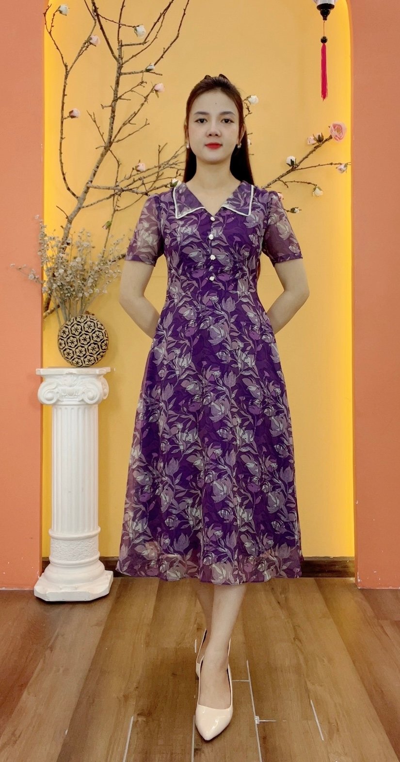 Đầm xòe - Cổ lá sen nhọn kết nút tay ngắn - CD - Tím hoa - TTV1934