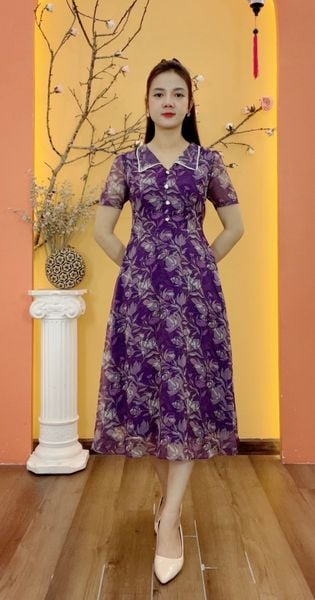 Đầm xòe - Cổ lá sen nhọn kết nút tay ngắn - CD - Tím hoa - TTV1934