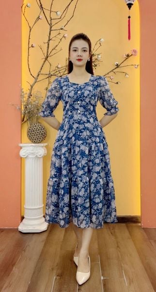Đầm maxi - Cổ vuông tim kết nút tay ngắn - CD - Xanh hoa trắng - TTV1928