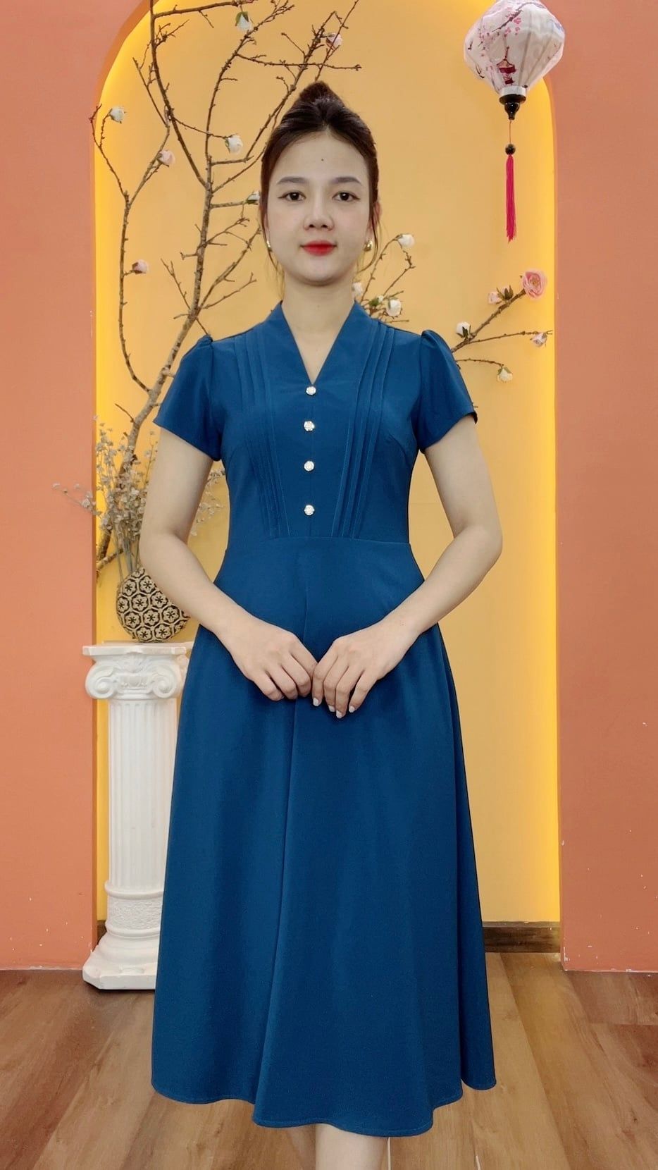 Đầm xòe - Cổ V kết nút tay ngắn - CD - Xanh cổ vịt - TTV1979