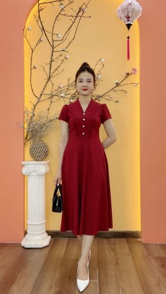 Đầm xòe - Cổ V kết nút tay ngắn - CD - Đỏ đô - TTV1979