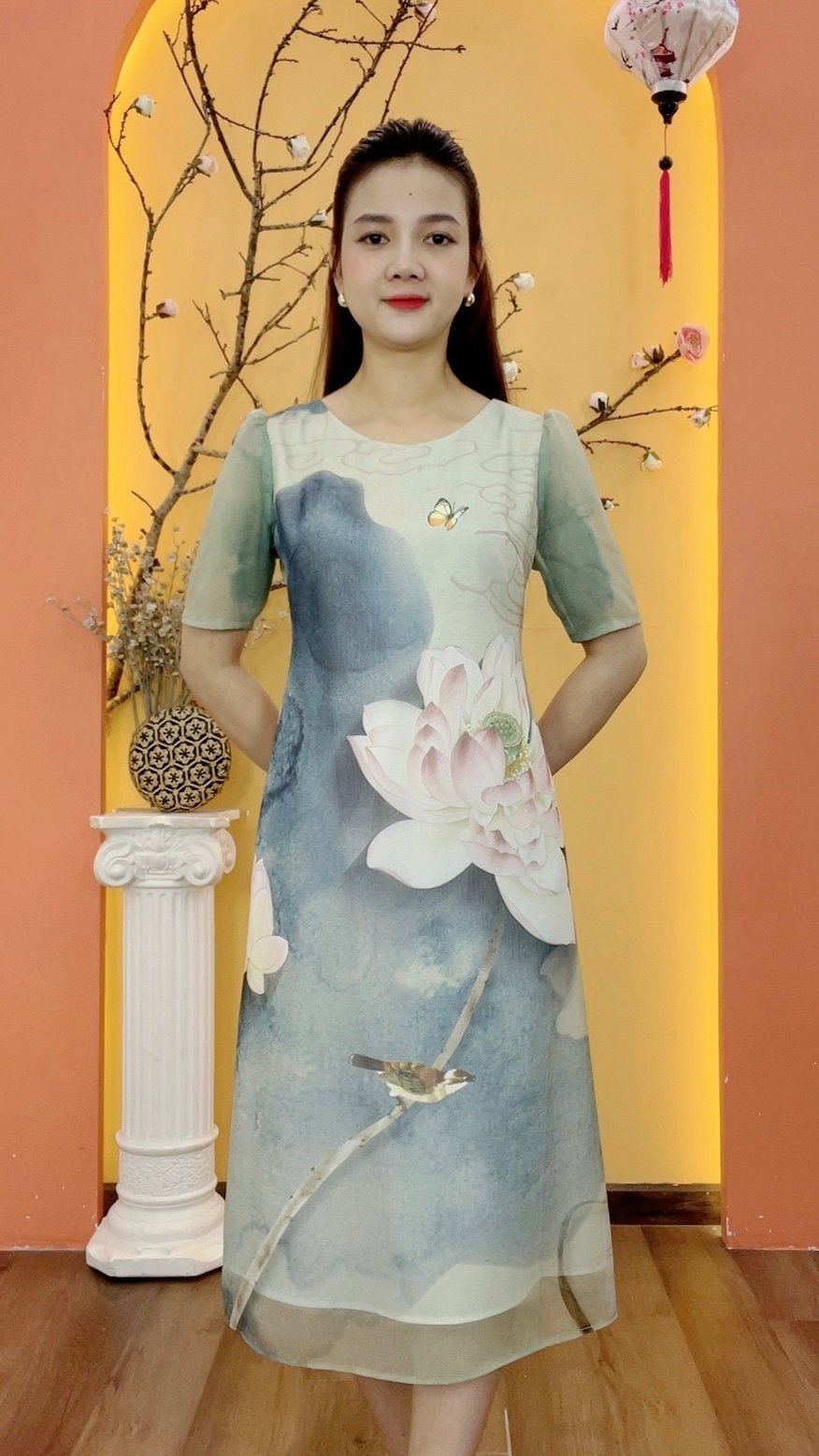 Đầm suông - Cổ tròn tay ngắn - CD - Xanh ombre - TTV1956