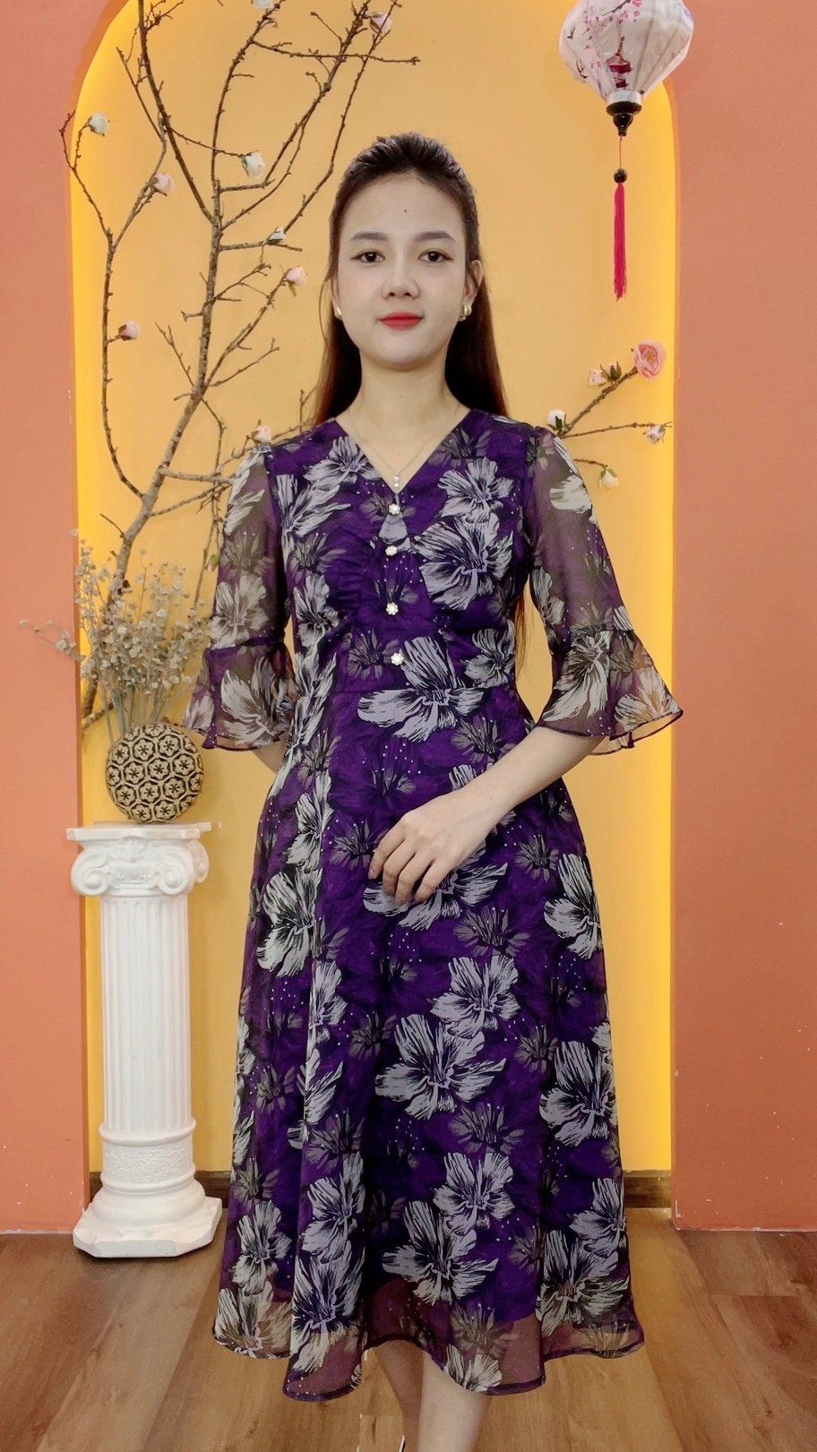 Đầm xòe - Cổ tim kết nút tay lỡ - CV - Tím hoa - TTV1972