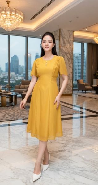 Đầm xòe - Cổ tròn kết nút tay ngắn - CV - Vàng đồng - TTV2032