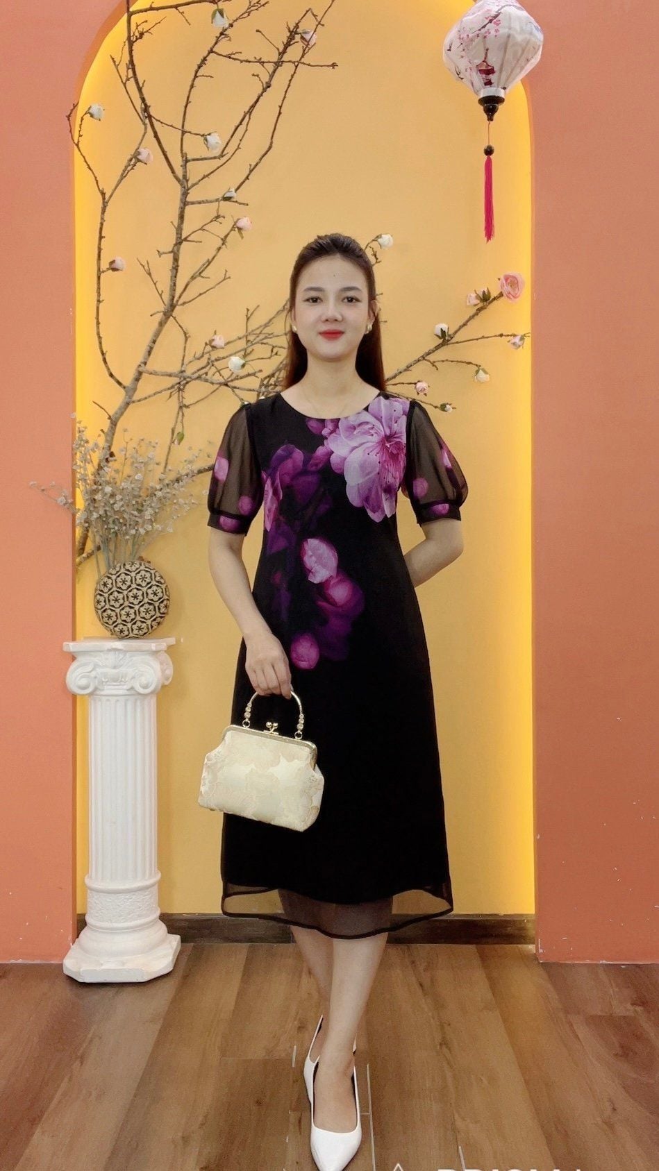 Đầm suông - Cổ tròn tay ngắn - CD - Đen hoa tím - TTV1970