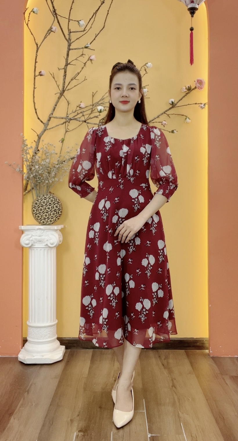 Đầm xòe - Cổ vuông tim tay lỡ - CD - Đỏ hoa trắng - TTV1924