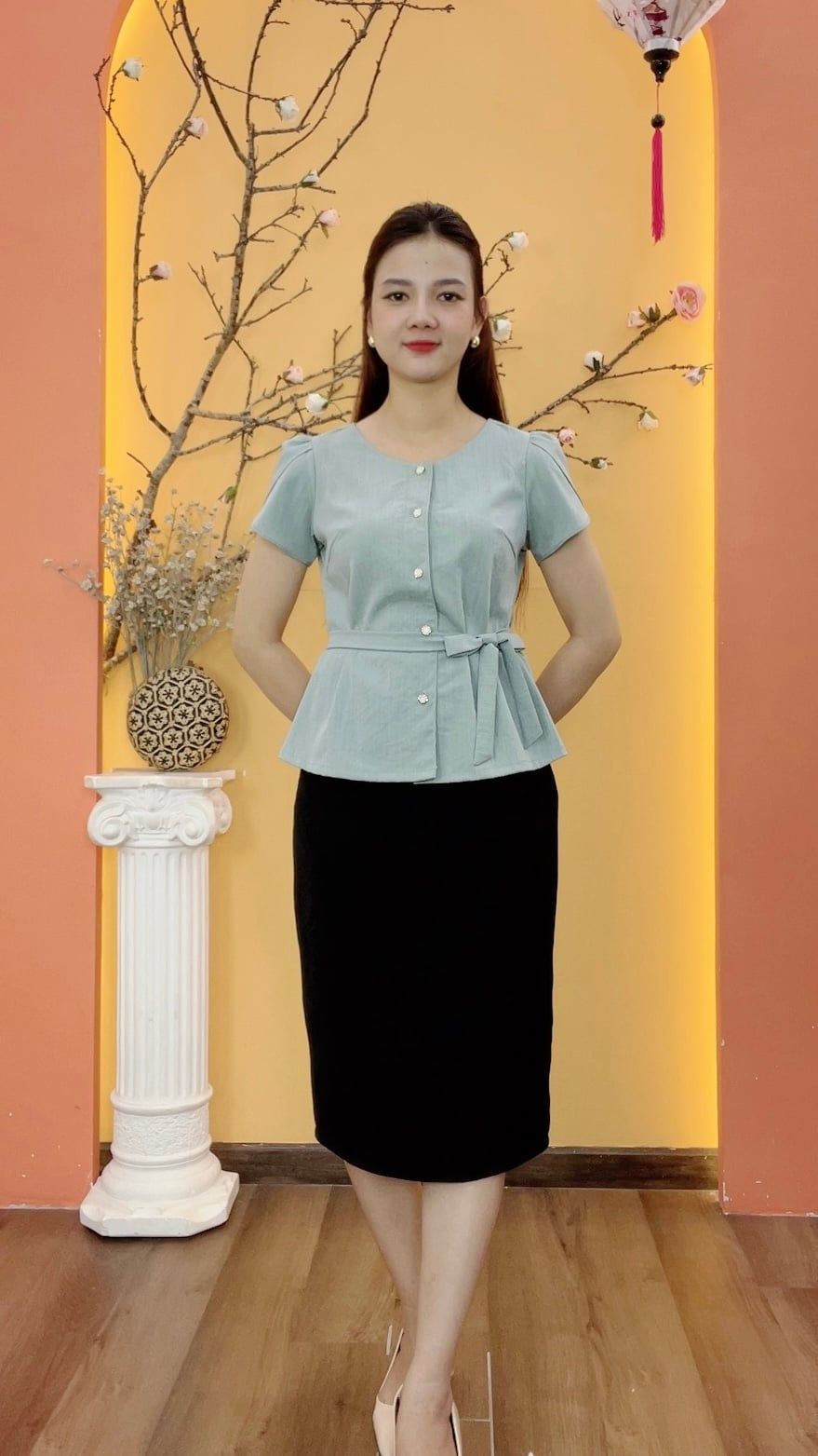 Áo - Cổ tròn kết nút thắt nơ tay ngắn - CT - Xanh ngọc - TTV1964