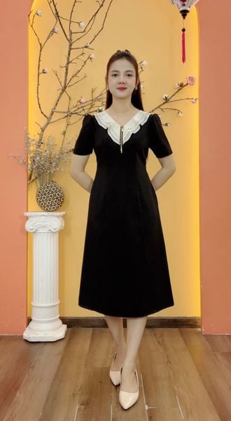 Đầm suông - Cổ tim bèo dây kéo tay ngắn - CV - Đen kem - TTV1929