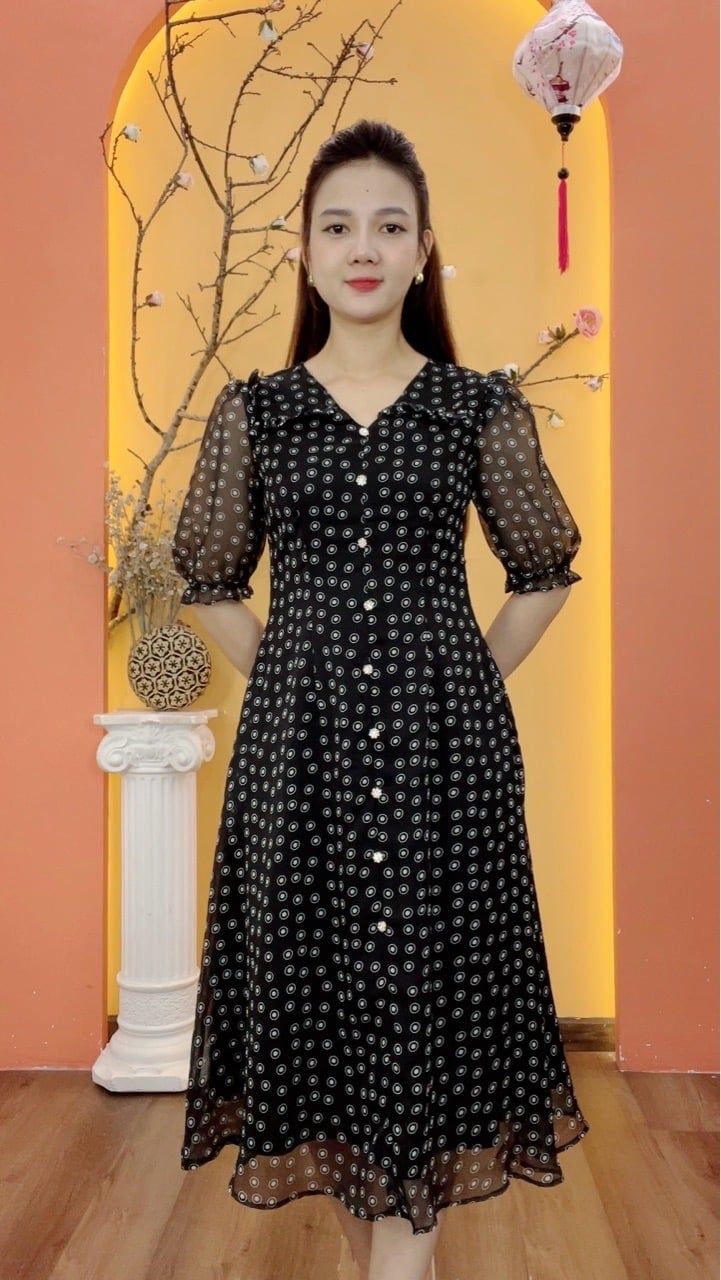 Đầm suông xòe - Cổ tim kết nút tay lỡ - CT - Đen chấm bi trắng - TTV1971