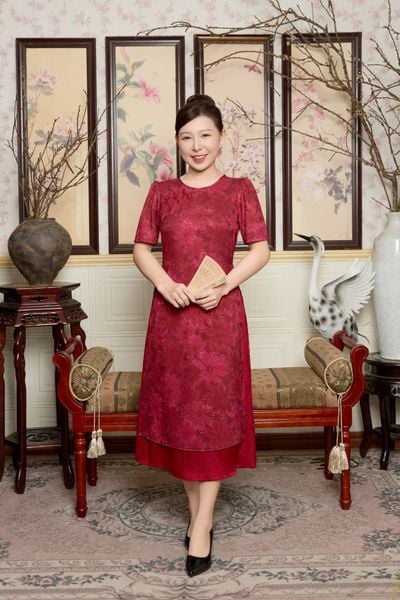 Áo dài cách tân - Cổ tròn nút thắt tàu tay ngắn - CD - Đỏ hoa - TTV2016
