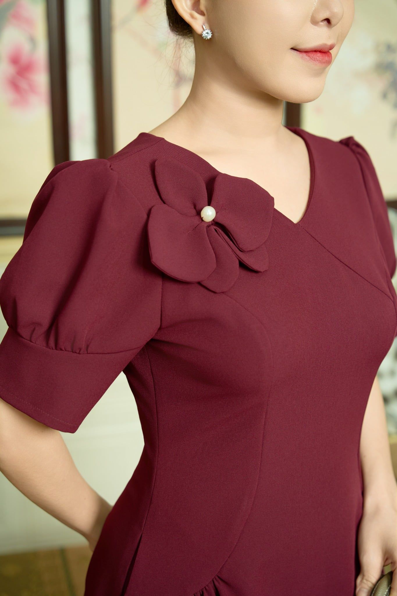 Đầm xòe - Cổ tim kết hoa tay nhún phồng - AH - Đỏ rượu - TTV2027