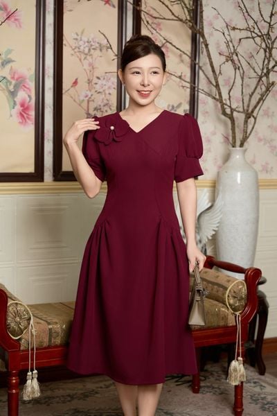 Đầm xòe - Cổ tim kết hoa tay nhún phồng - AH - Đỏ rượu - TTV2027