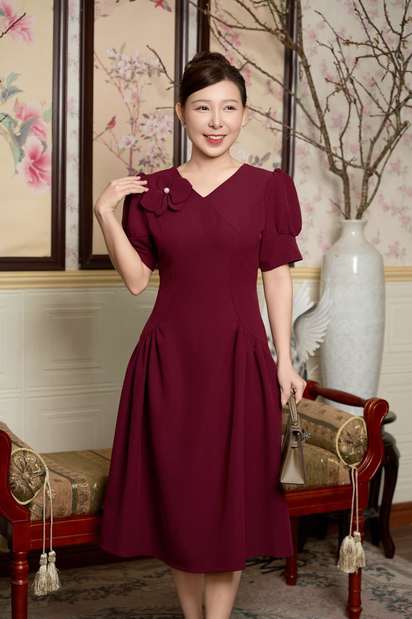 Đầm xòe - Cổ tim kết hoa tay nhún phồng - AH - Đỏ rượu - TTV2027