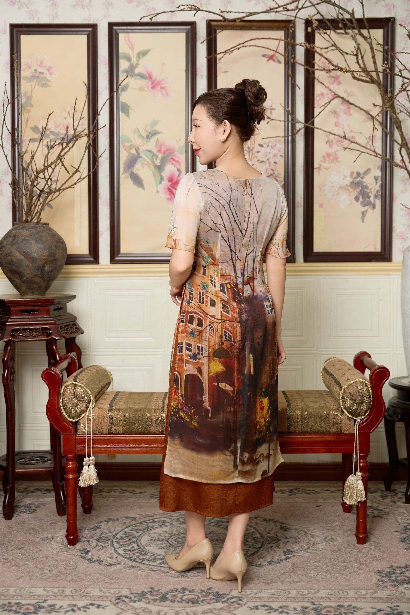 Áo dài cách tân - Cổ tròn tay ngắn - CD - Nâu họa tiết - TTV1999