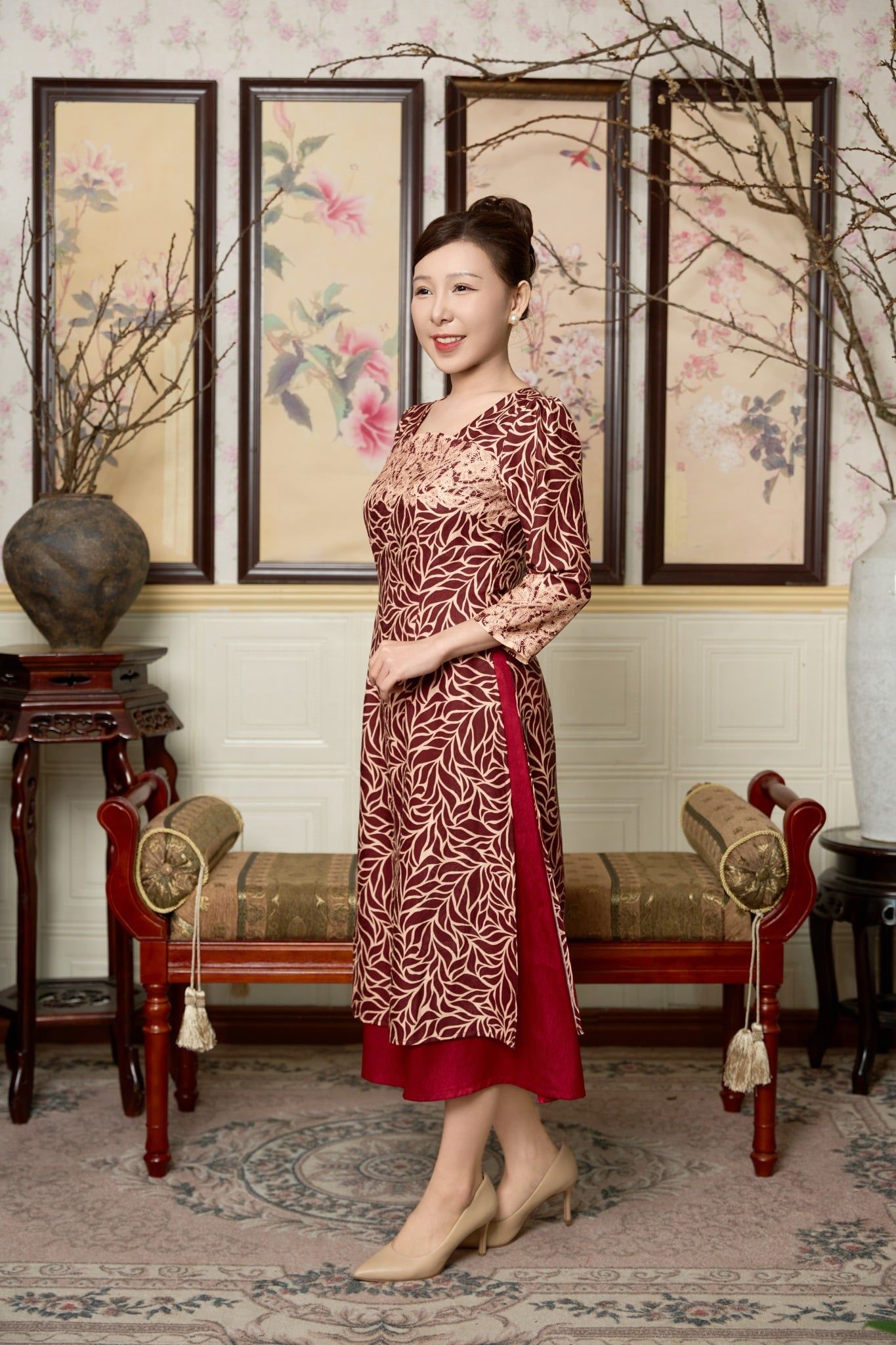 Áo dài cách tân - Cổ vuông tay lỡ - CD - Đỏ họa tiết - TTV2019