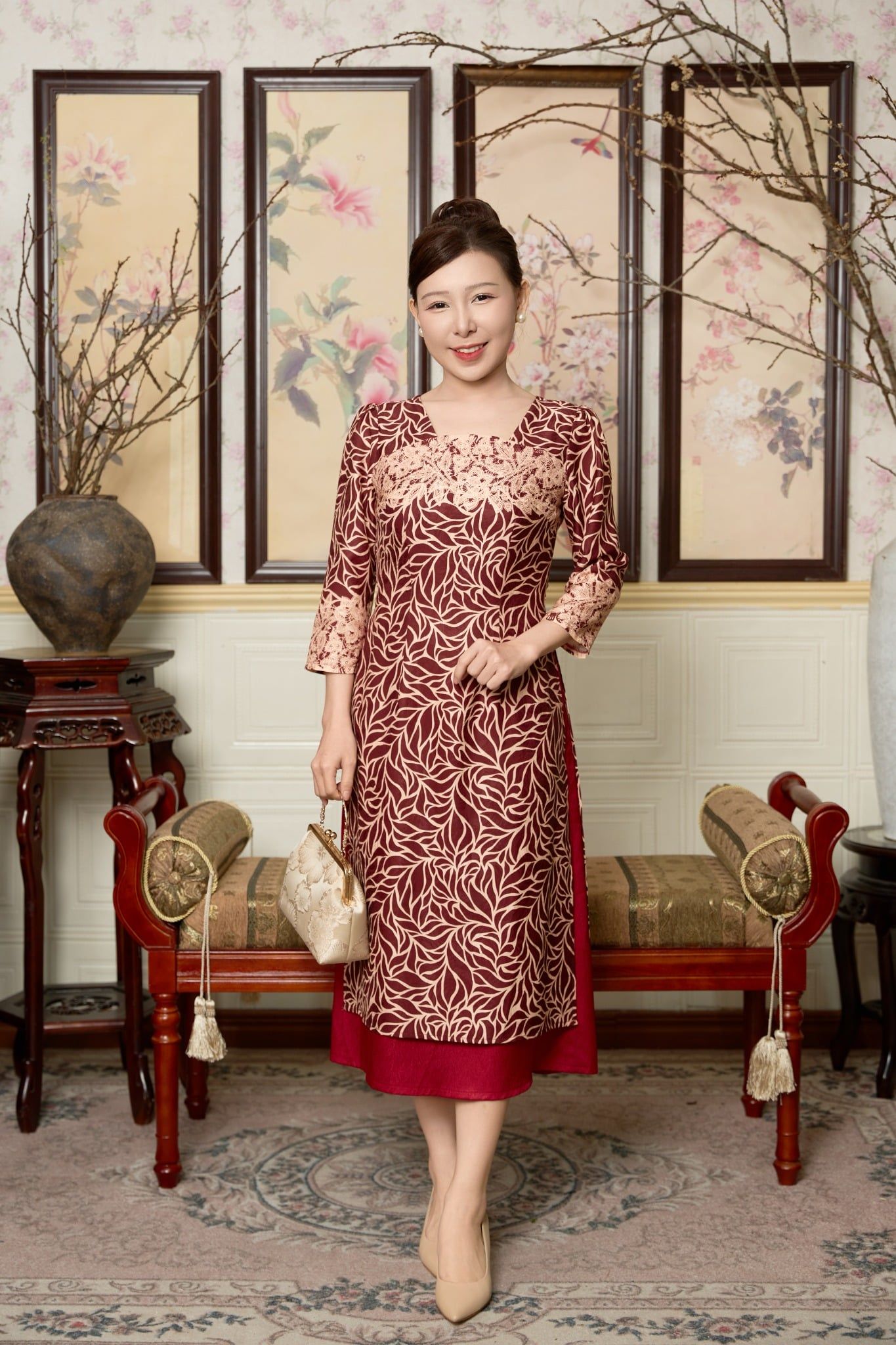Áo dài cách tân - Cổ vuông tay lỡ - CD - Đỏ họa tiết - TTV2019