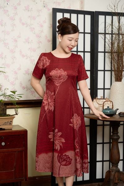 Đầm suông xòe - Cổ tròn tay ngắn - CV - Đỏ hoa - TTV2021