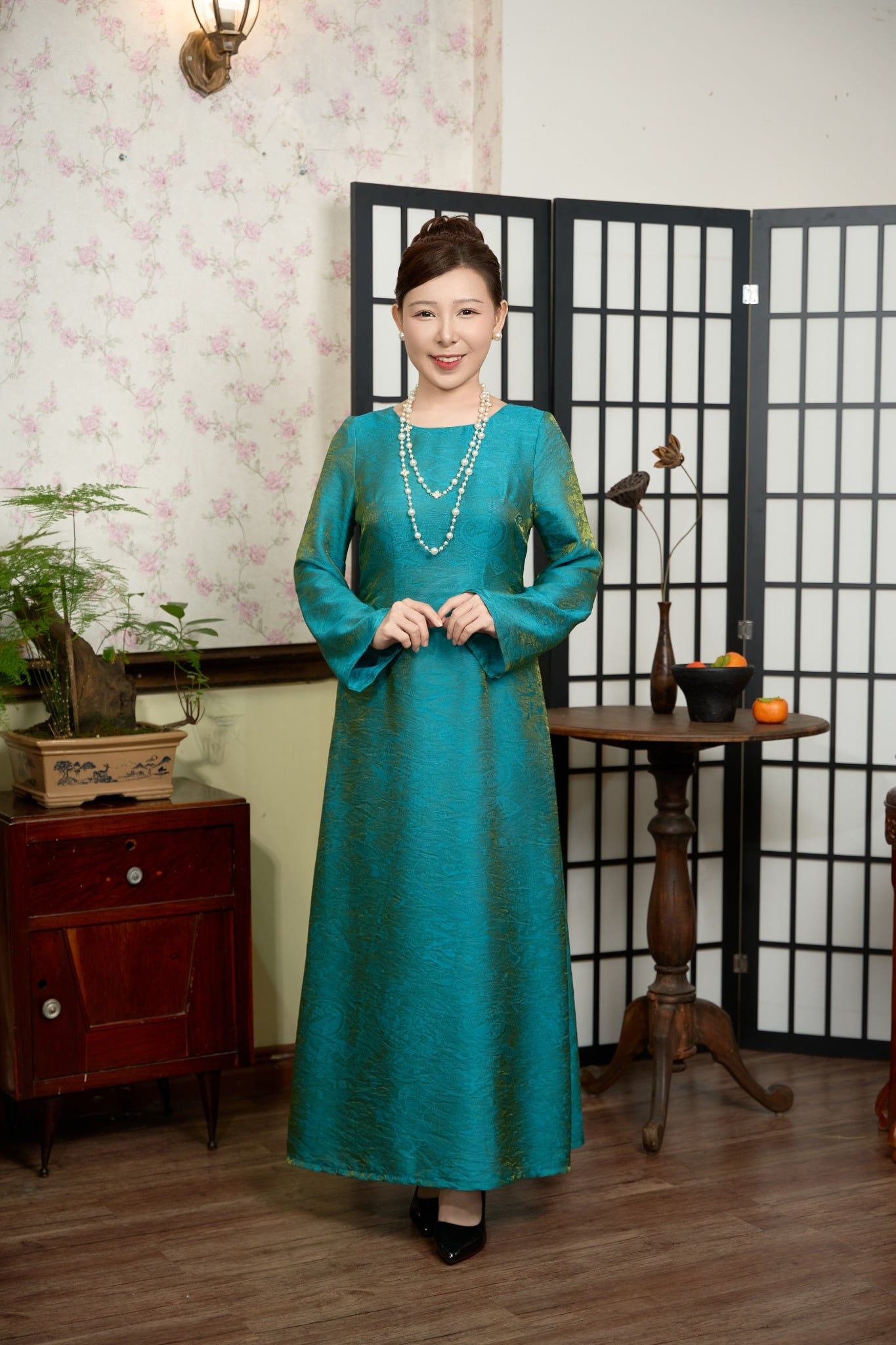 Đầm dài - Cổ tròn tay dài - CV - Xanh lục lam - TTV2023