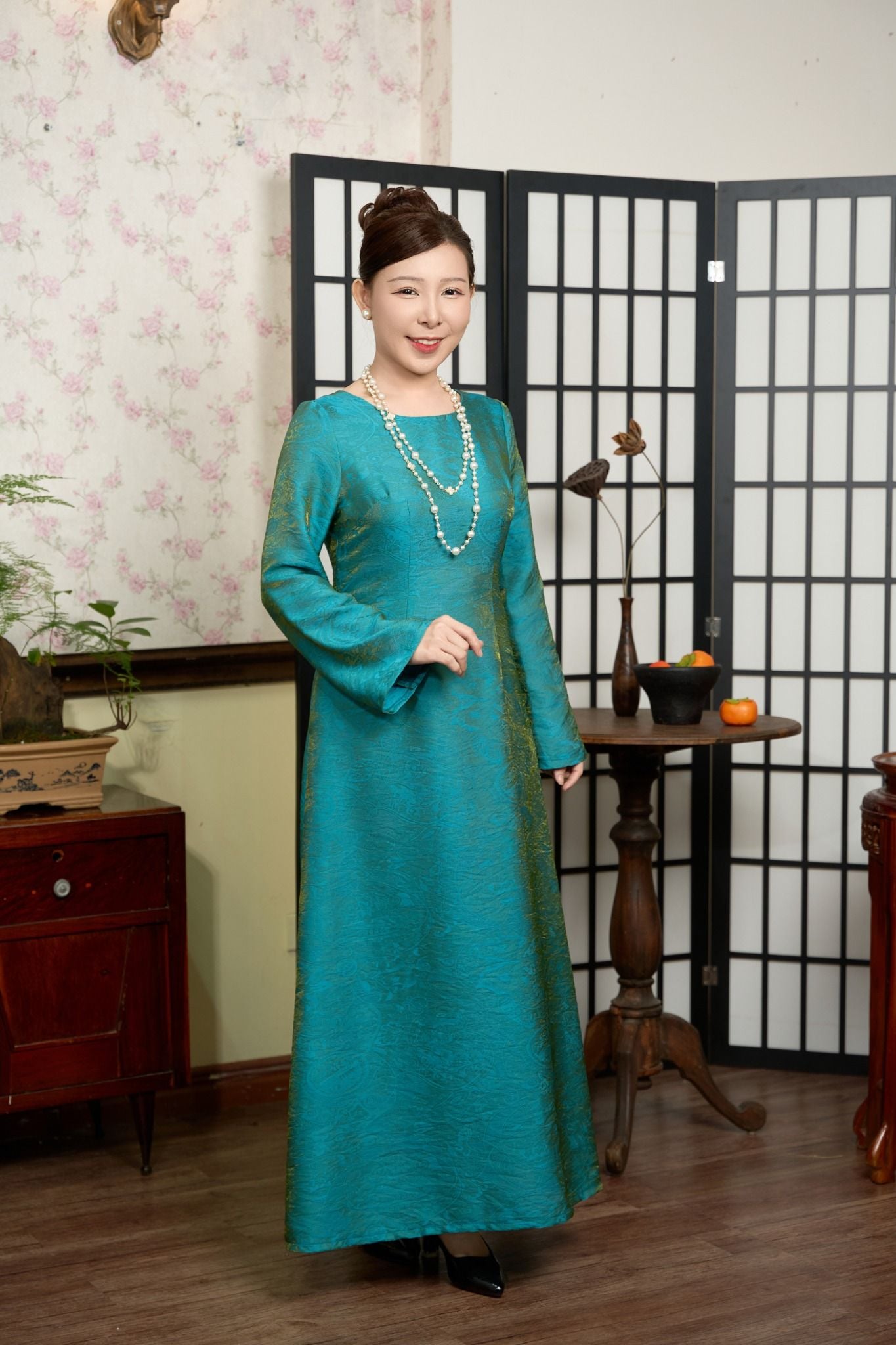 Đầm dài - Cổ tròn tay dài - CV - Xanh lục lam - TTV2023