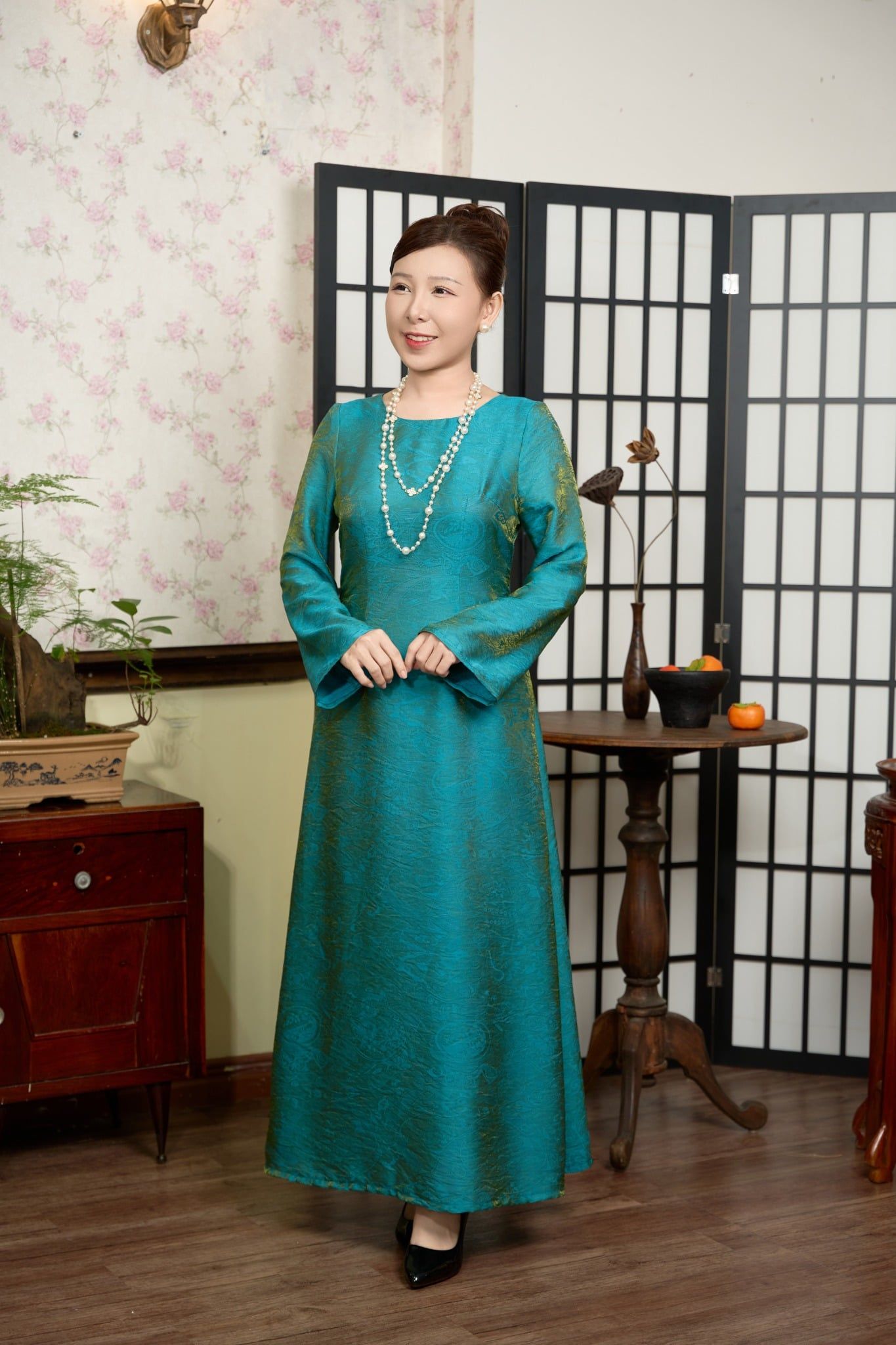 Đầm dài - Cổ tròn tay dài - CV - Xanh lục lam - TTV2023