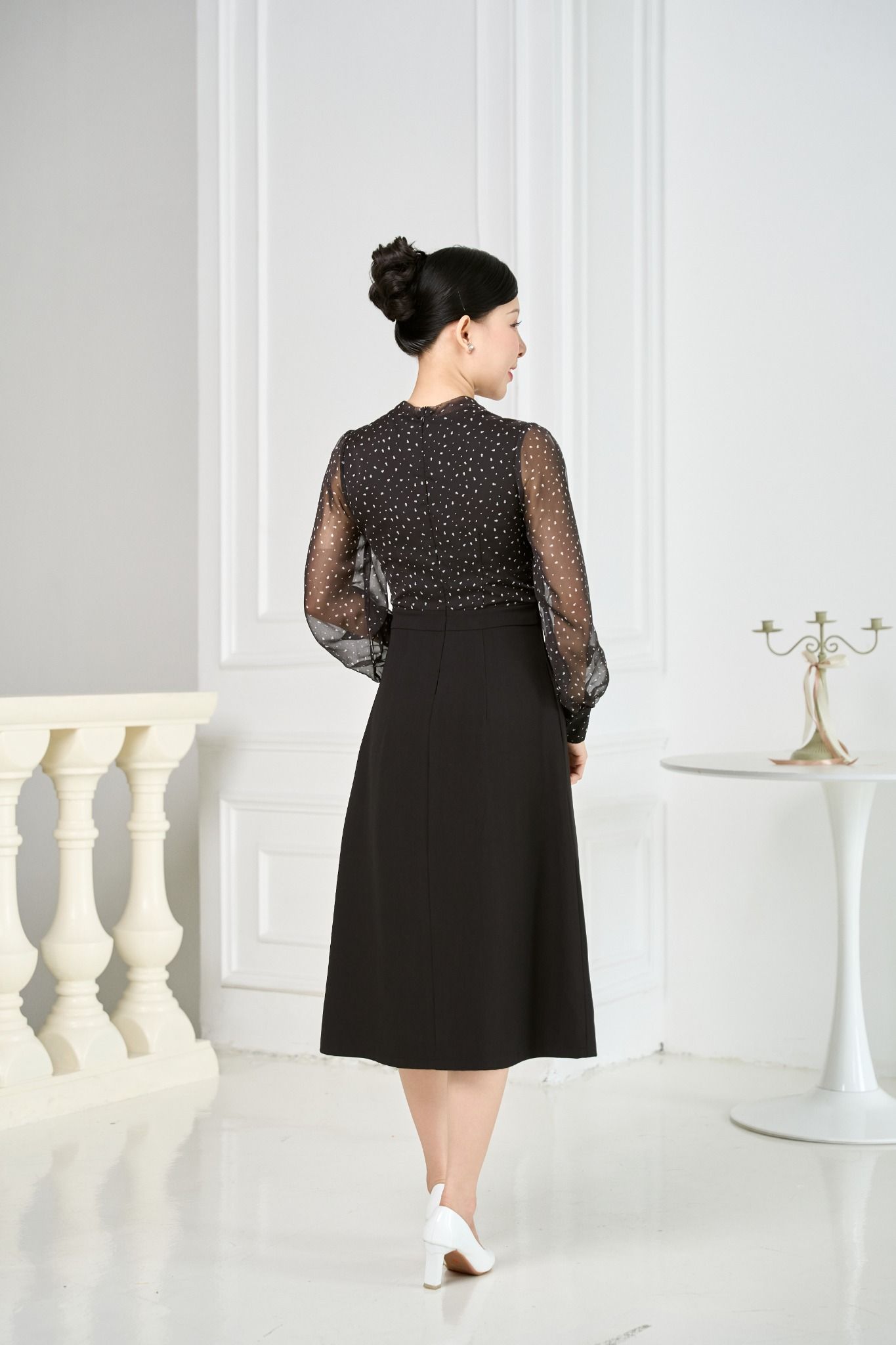 Đầm form A - Cổ V tay dài - CV - Đen họa tiết -  TTV1941#