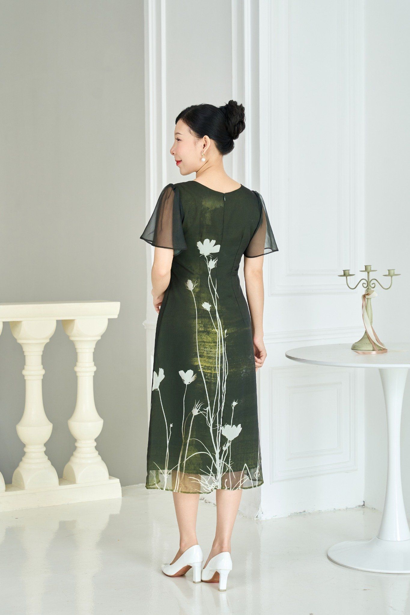 Đầm suông - Cổ tròn tay ngắn - CD - Xanh rêu họa tiết - TTV1960