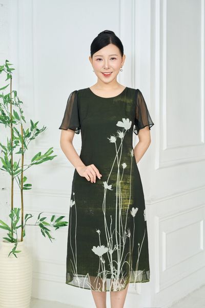 Đầm suông - Cổ tròn tay ngắn - CD - Xanh rêu họa tiết - TTV1960