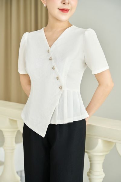 Áo - Cổ tim kết nút tay ngắn - CT - Trắng - TTV1951