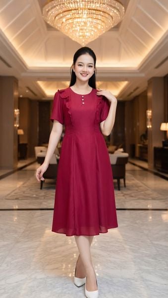 Đầm xòe - Cổ tròn kết nút tay ngắn - CV - Đỏ - TTV2032