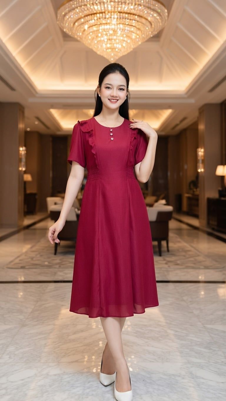 Đầm xòe - Cổ tròn kết nút tay ngắn - CV - Đỏ - TTV2032