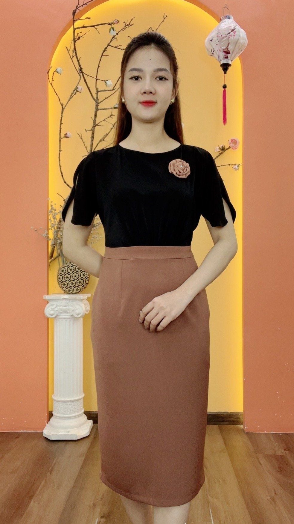 Đầm body - Cổ tròn tay cánh dơi - CD - Đen nâu - TTV1974