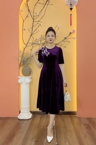 Đầm xòe - Cổ tròn kết ngọc tay lỡ - CV - Tím - TTV2001
