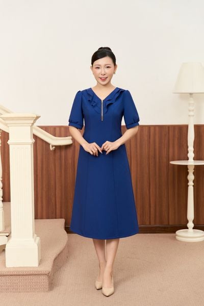 Đầm suông - Cổ tim bèo dây kéo tay ngắn - CV - Xanh dương đậm - TTV1917