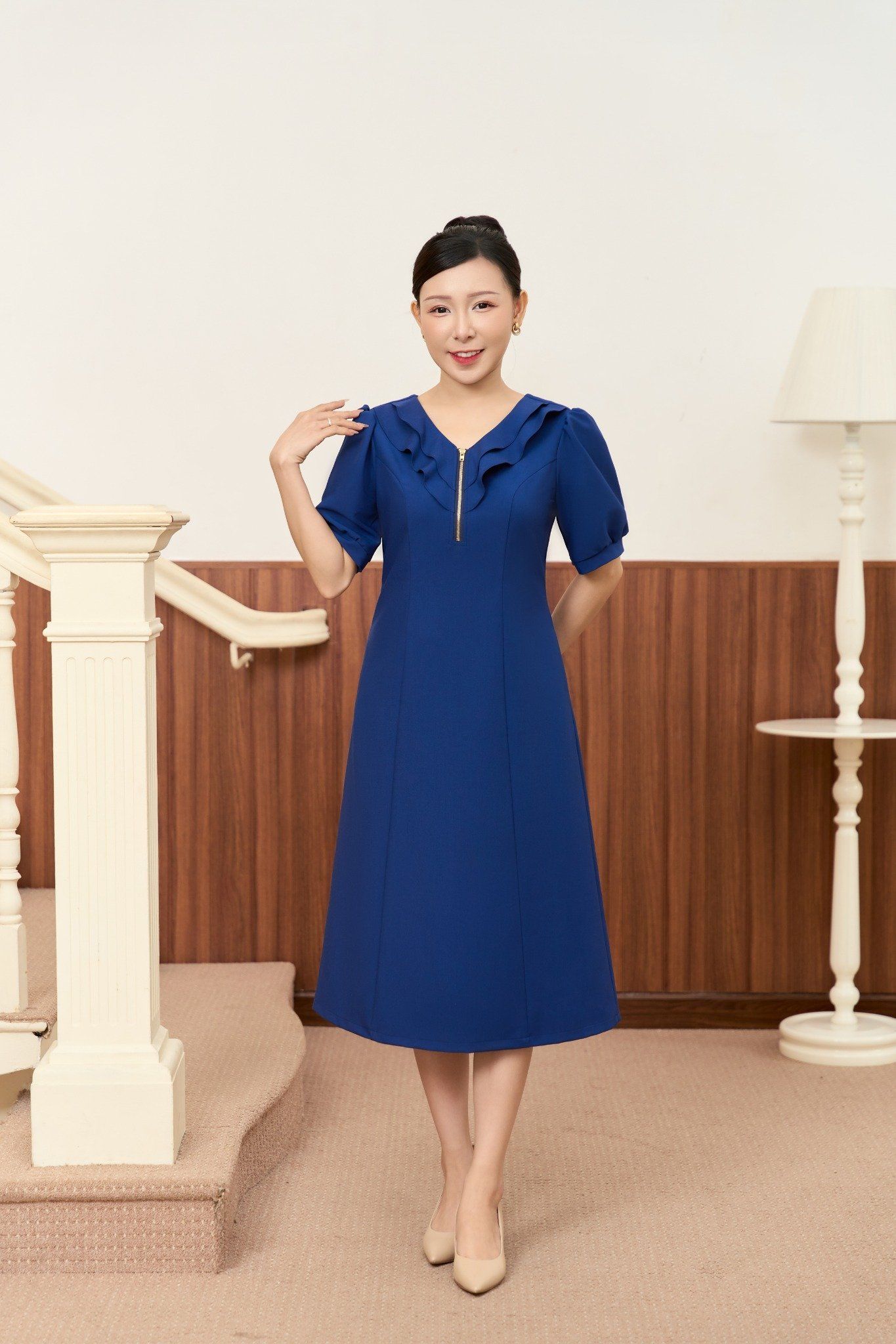 Đầm suông - Cổ tim bèo dây kéo tay ngắn - CV - Xanh dương đậm - TTV1917