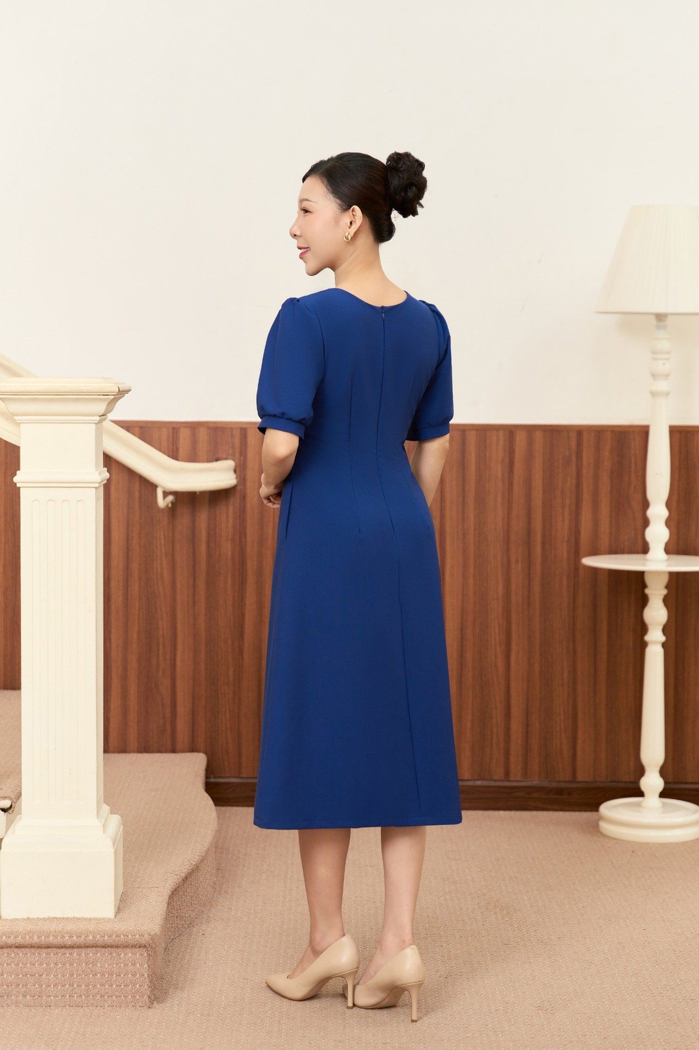 Đầm suông - Cổ tim bèo dây kéo tay ngắn - CV - Xanh dương đậm - TTV1917