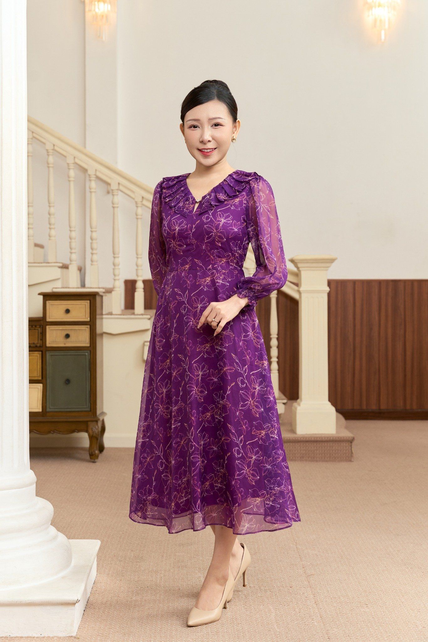 Đầm xòe - Cổ tim bèo khoét V xếp ly tay lỡ - CD - Tím cẩm hoa - TTV1926