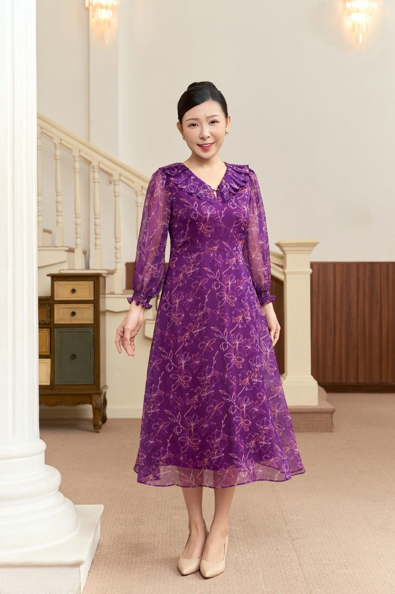 Đầm xòe - Cổ tim bèo khoét V xếp ly tay lỡ - CD - Tím cẩm hoa - TTV1926