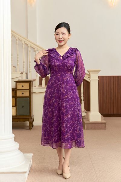 Đầm xòe - Cổ tim bèo khoét V xếp ly tay lỡ - CD - Tím cẩm hoa - TTV1926