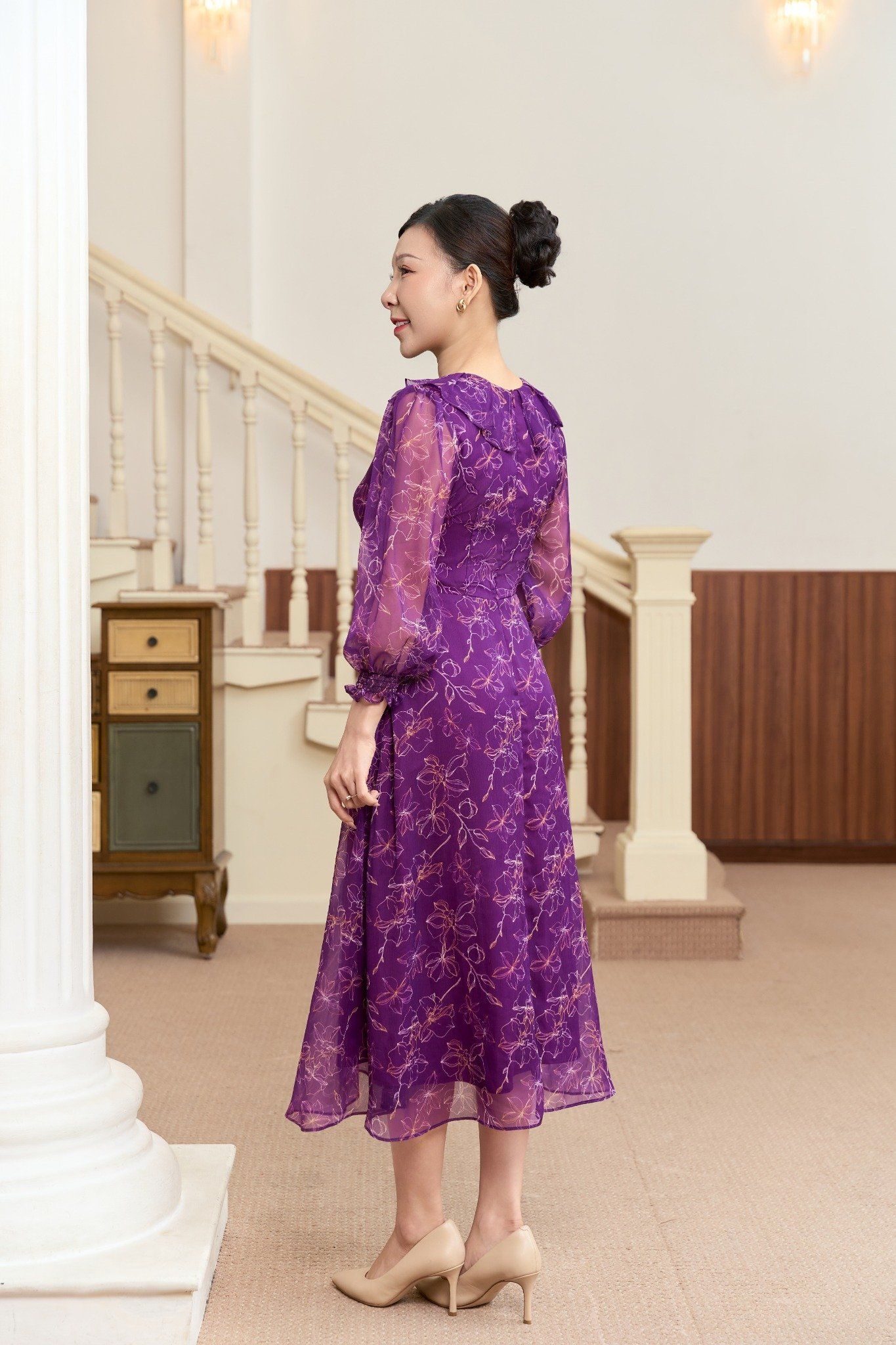 Đầm xòe - Cổ tim bèo khoét V xếp ly tay lỡ - CD - Tím cẩm hoa - TTV1926