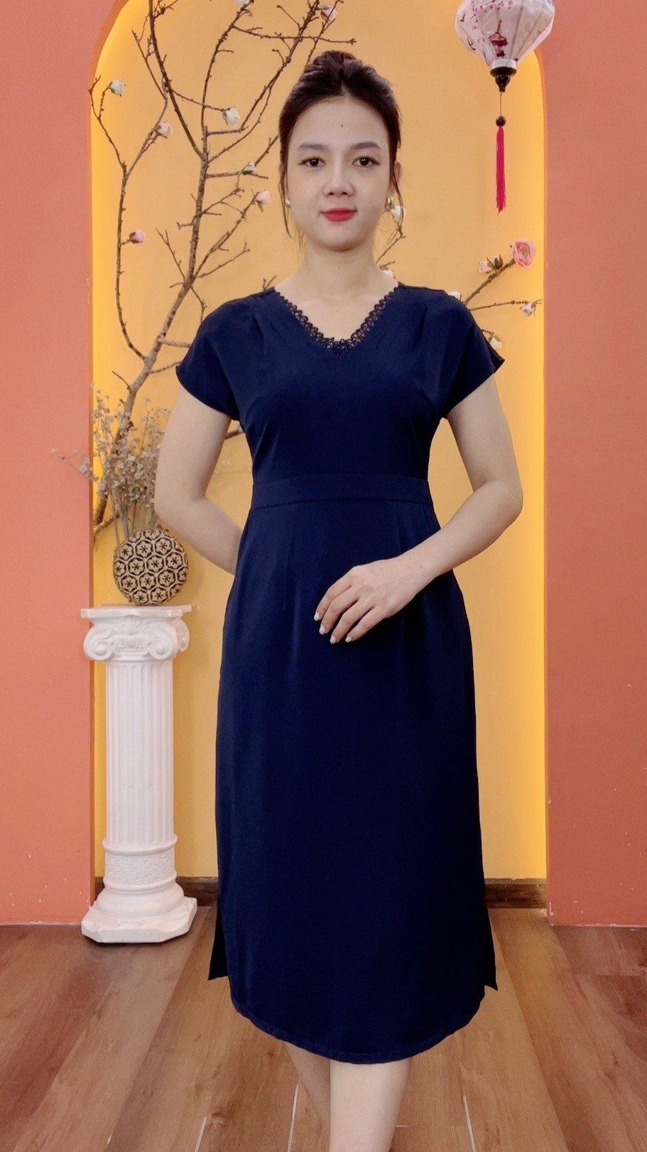 Đầm form A - Cổ tim phối ren tay cánh dơi - CV - Xanh đen - TTV1993