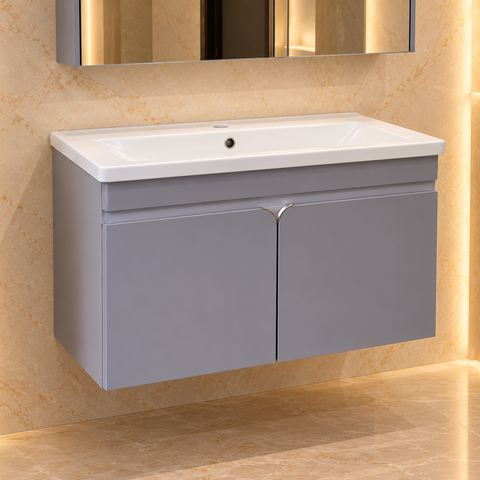 Bộ tủ lavabo 372 80cm màu xám, cánh thép không gỉ, thân PVC đặc, tủ gương LED sấy gương